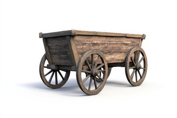 A detailed front view of an antique wooden cart
