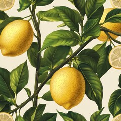 Vibrant Lemon Tree Pattern Seamless Yellow and Green Citrus Fruit Illustration