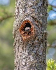 A black snake peeks from a hole in a tree trunk, a close-up shot revealing intricate bark textures and the reptile's curious gaze.