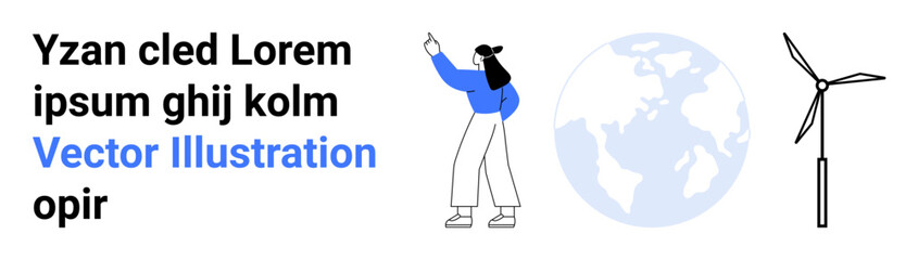Woman gestures near globe and wind turbine emphasizing innovation, renewable energy, environmental awareness. Ideal for sustainability, education, eco campaigns, green tech, clean energy projects