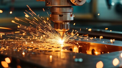 Close-up of laser cutting machine in action, sparks flying from metal.