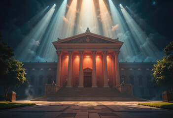 Obraz premium Illuminated Neoclassical Building with Dramatic Night Sky and Spotlight Beams