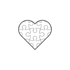 Puzzle heart icon. Black outline shape. Love connection symbol. Vector unity illustration.