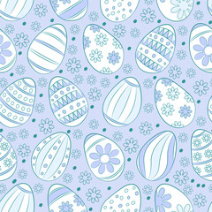 Seamless background. Easter pattern. Easter eggs. Texture in delicate shades of blue.