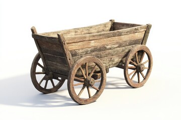 An old rustic wooden cart is placed on a white surface