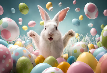 A vibrant festive Easter Holiday featuring a joyful white rabbit surrounded by colorful Easter eggs in shades of pink blue green and yellow. Set against a teal gradient background with floating eggs