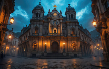 Fototapeta premium Illuminated Church in Cityscape at Night with Gloomy Sky View