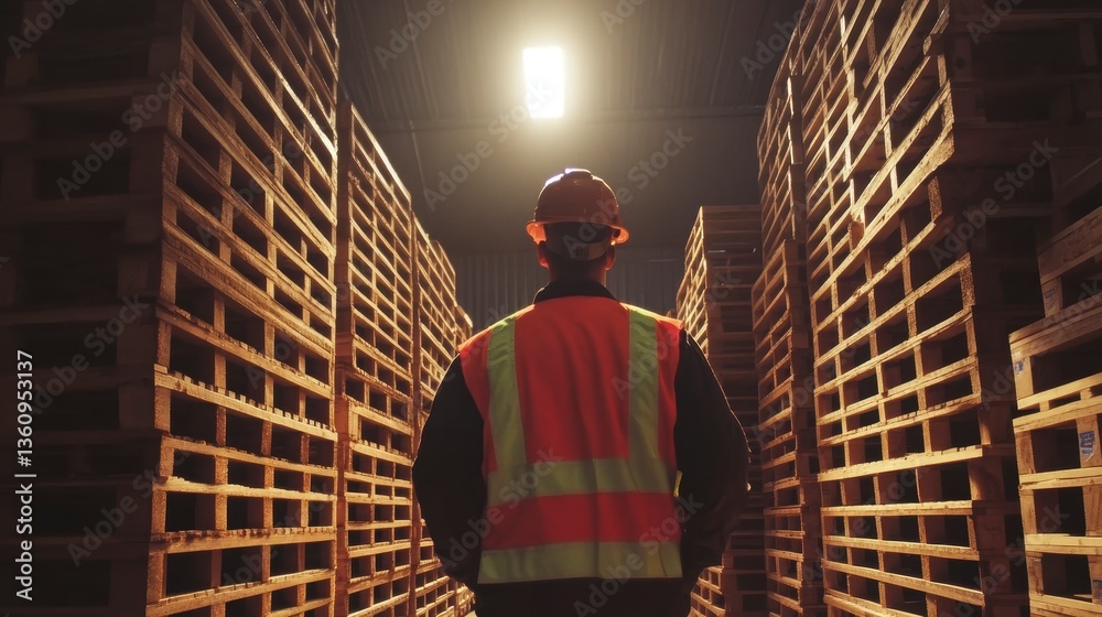 Poster warehouse worker stands between high stacks of wooden pallets in a dimly lit storage facility.