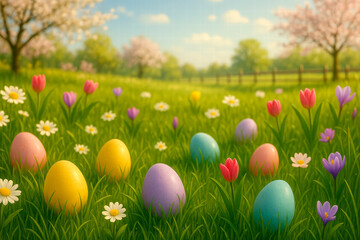 Colorful Easter eggs in spring meadow with flowers and blossoming trees. AI generated