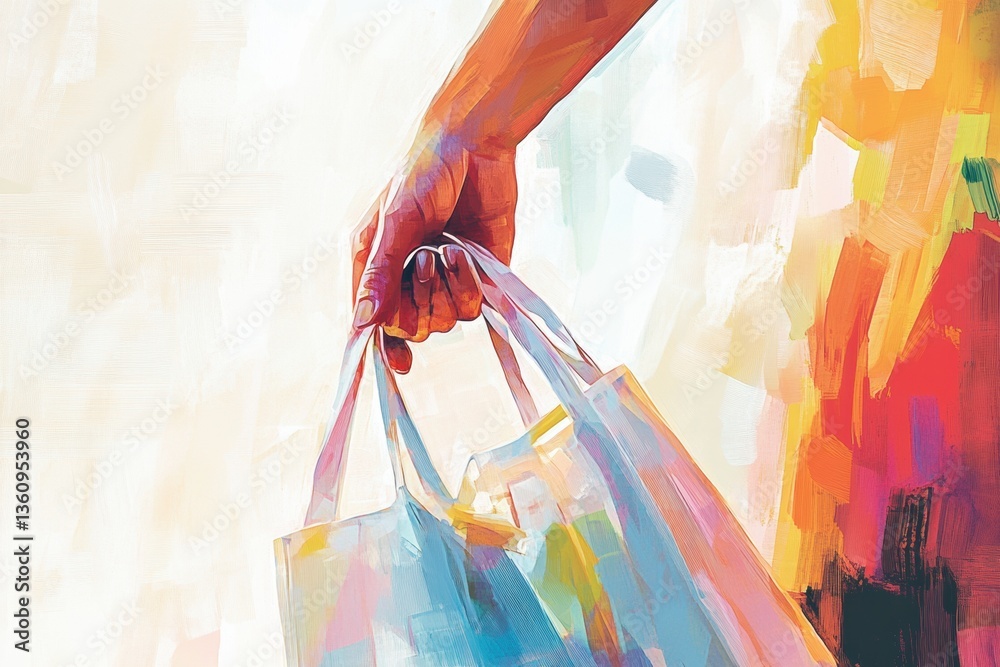 Aufkleber Hand reaching out with a colorful grocery bag amid a soft, bright background in a digital artistic style Generative AI