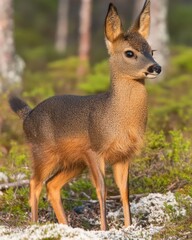 Obraz premium Adorable Siberian Roe Deer fawn standing in a sunlit forest clearing. Perfect for nature, wildlife, and animal lover projects.