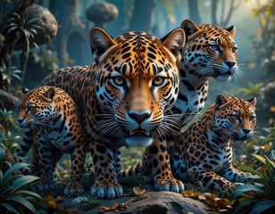 Obraz premium Jaguar Family Portrait in Lush Jungle Habitat with Sunlight