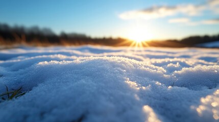 Winter sunset on a snowy field.  Close-up view of snow