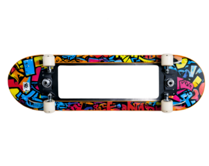 Vibrant skateboard deck with graffiti art frame, perfect for urban street culture themes, capturing youthful energy and a creative, dynamic vibe, ideal for skateboarding