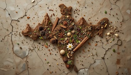 India Map Crafted From Spices and Herbs on Cracked Earth Surface