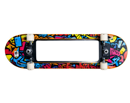 Vibrant skateboard deck with graffiti art frame, perfect for urban street culture themes, capturing youthful energy and a creative, dynamic vibe, ideal for skateboarding - Powered by Adobe