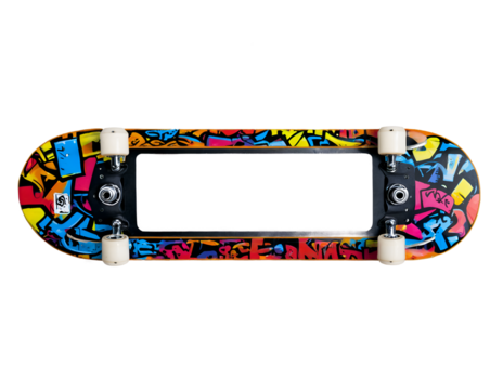 Vibrant skateboard deck with graffiti art frame, perfect for urban street culture themes, capturing youthful energy and a creative, dynamic vibe, ideal for skateboarding - Powered by Adobe