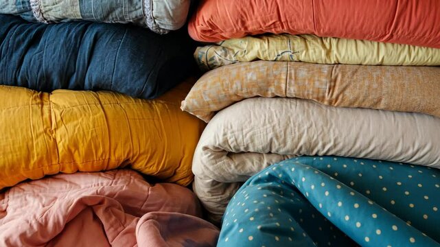 Colorful stacked bedding in a cozy room with various textures and patterns