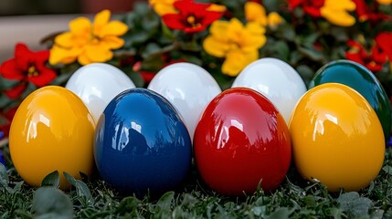 Naklejka premium Vibrant Glossy Easter Eggs in Spring Floral Setting