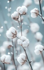 Cotton Plant Close-up with Soft Winter Snowfall for Peaceful Holiday Season