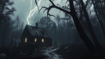 Hut with lighted windows in the dark forest. Scary landscape 