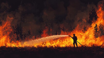 Obraz premium Firefighter fighting extinguishing wild fire in forest.