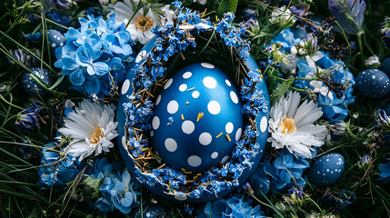 Blue Easter Egg with White Polka Dots in a Floral Nest