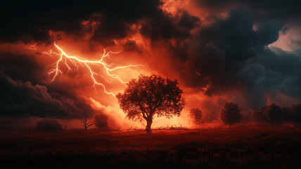 Red lightning strikes near tree, storm. Apocalypse illustration, scary dark landscape