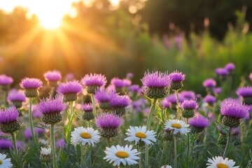 Sunset meadow flowers, purple thistles and white daisies, sunbeams