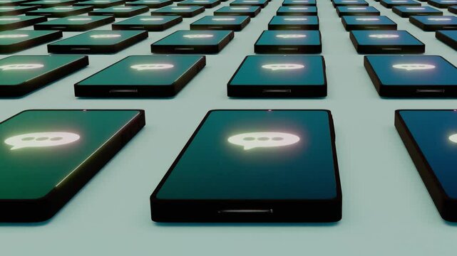 Animated Loop of  multiple mobile phones arranged in pattern with voxel heart symbol on screen, green background, representing digital communication, technology, love messaging, online interaction, so