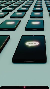 Animated Loop of  multiple mobile phones arranged in pattern with voxel heart symbol on screen, green background, representing digital communication, technology, love messaging, online interaction, so