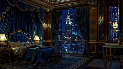 Luxurious Bedroom with Cityscape View Elegant Interior Design Nighttime Urban Scene Royal Bl