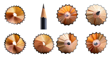 Colorful Pencil Shavings and Pencil Tips Arranged in Creative Design, PNG bundle collection, Isolated on Transparent Background