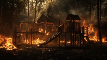 House on fire. Flame, smoke. Devastating wild fire.