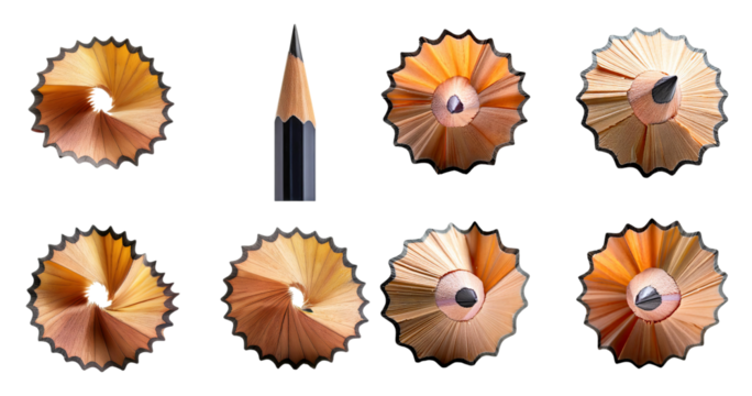 Colorful Pencil Shavings and Pencil Tips Arranged in Creative Design, PNG bundle collection, Isolated on Transparent Background