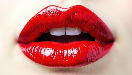 Obraz premium Close-up vibrant red lips, stark white backdrop, product, cosmetics