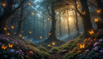 Flying Butterflies in Enchanted Forest with Flowers and Light Rays