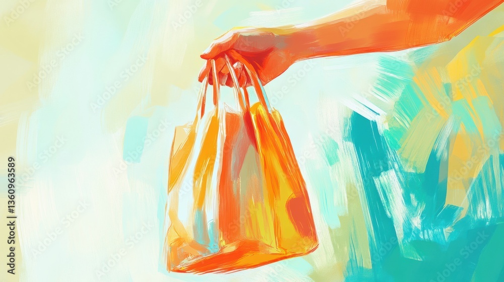 Aufkleber hand extends a grocery bag with bright colors and soft brushwork in a cheerful and inviting atmosphe
