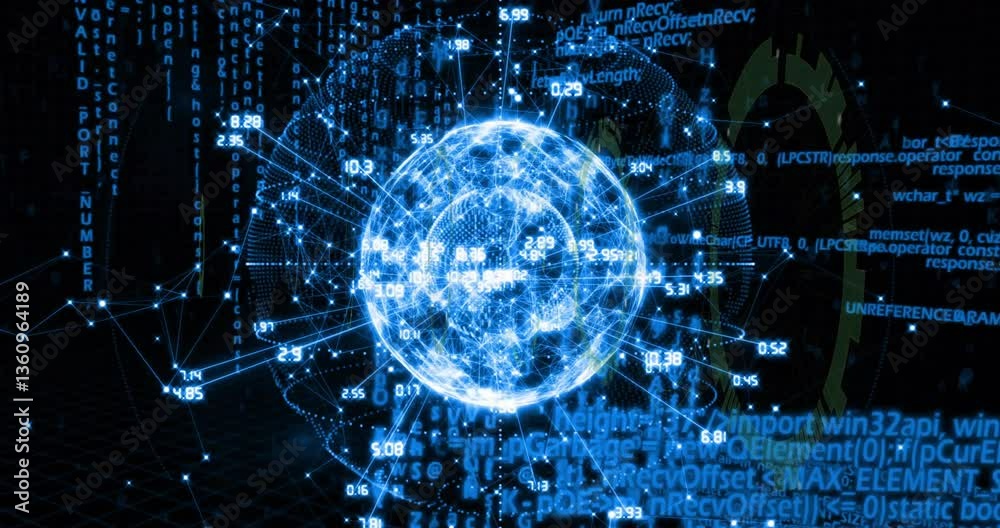 Poster animation of glowing digital globe with binary code surrounding it