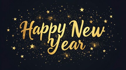 Celebrating Happy New Year Golden Glittering Text with Starry Decoration