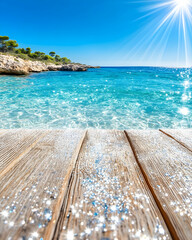 Fototapeta premium Sparkling beach wooden dock, sunny day, turquoise water, perfect summer scene, ideal for product display
