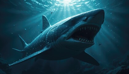 Great White Shark Swimming Underwater with Open Mouth and Sun Rays