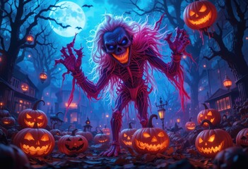 Halloween Monster Surrounded by Jack-o'-lanterns Under a Moonlight Night