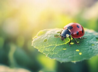 Fototapeta premium Ladybug Resting on a Green Leaf in Natural Sunlight Close-up