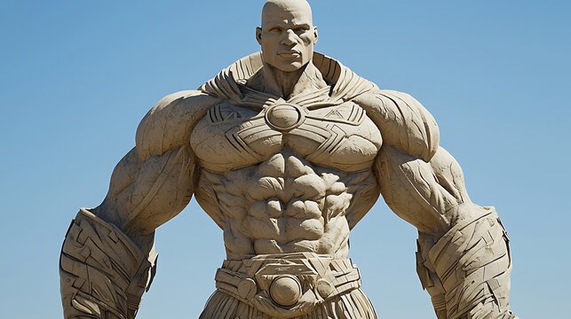 Powerful, sculpted figure with defined muscles and armor.  A superhero or warrior pose against a clear sky