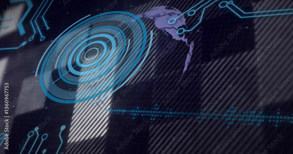 Poster animation of futuristic digital interface with circular patterns and data points