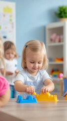 Toddlers exploring shape sorting toys in a daycare setting