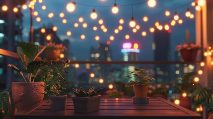 Naklejka premium Night Balcony Scene with Plants and String Lights