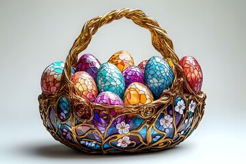 Decorative woven basket filled with colorful marbled Easter eggs, featuring intricate floral patterns and metallic accents against neutral background.