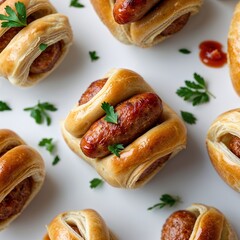 Mini sausage rolls on plain white background clean simple and minimalist focus top view